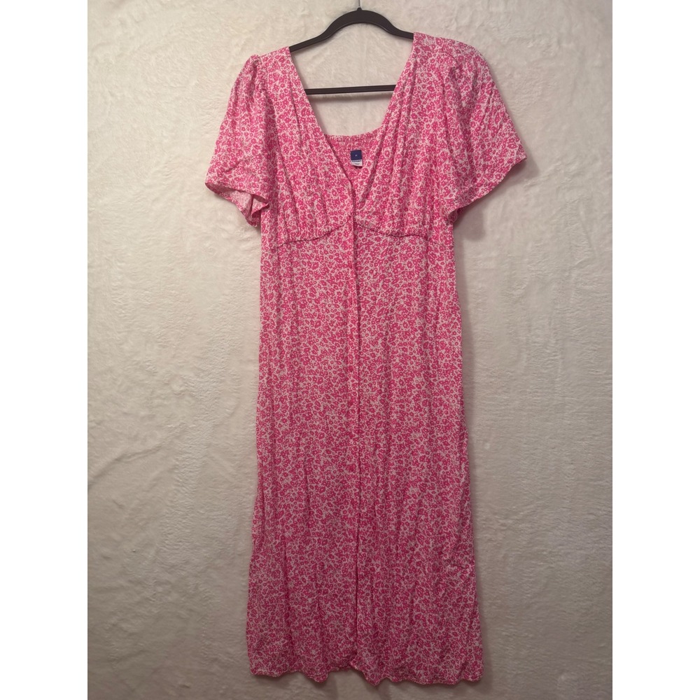 Old Navy Pink Ditsy Floral Button Front‎ Midi Dress Womens Medium Short Sleeve